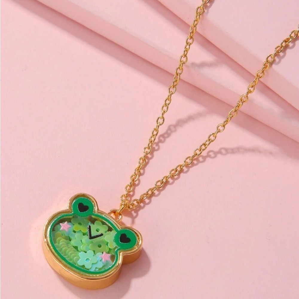Gold and Green Frog Pendant Necklace
